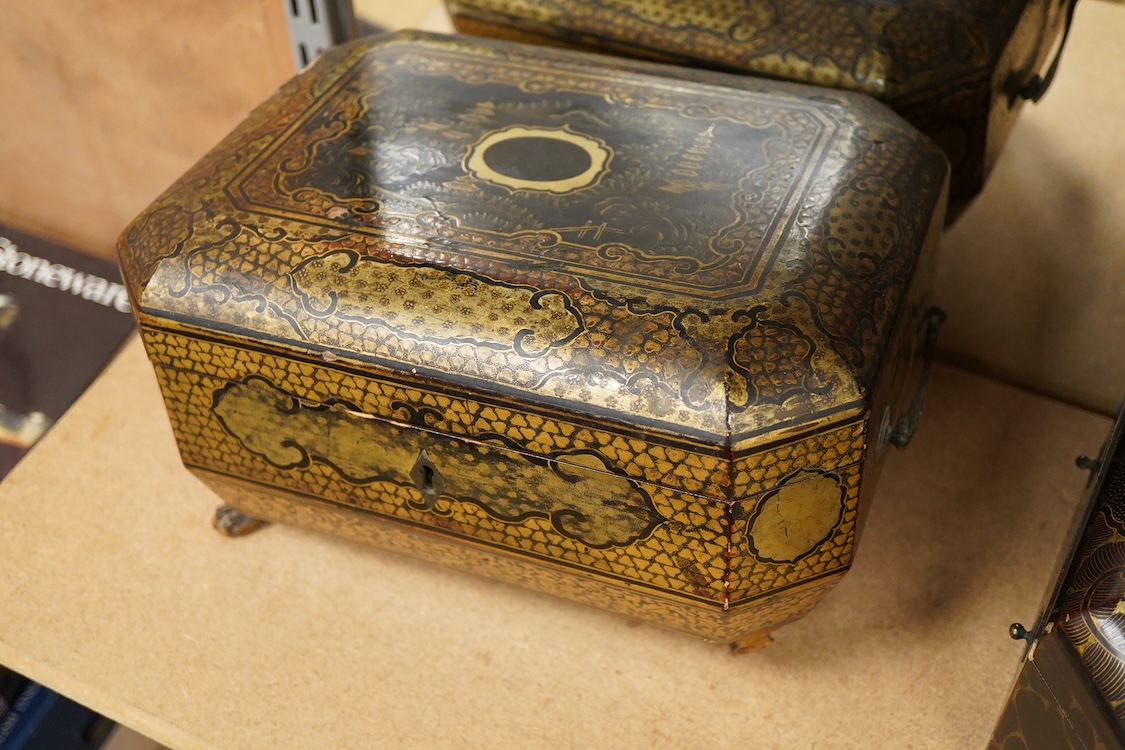 Three 19th-century Chinese gilt-decorated black lacquer sewing boxes, two containing bone sewing accessories, together with a similar tea chest (4) largest box- 33.3cm wide x 20cm high